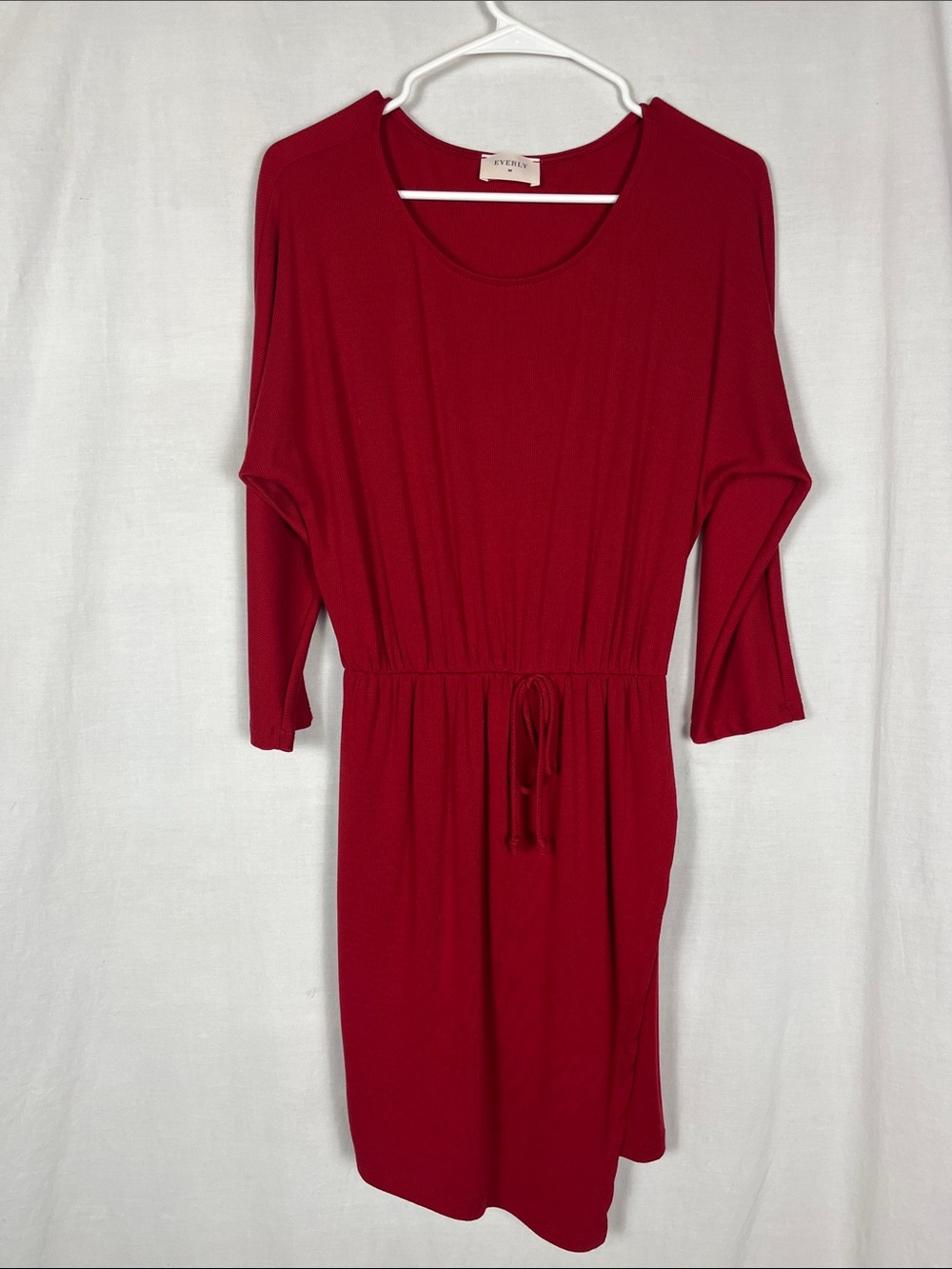 Everly Red Ribbed Midi Long Sleeve Dress
